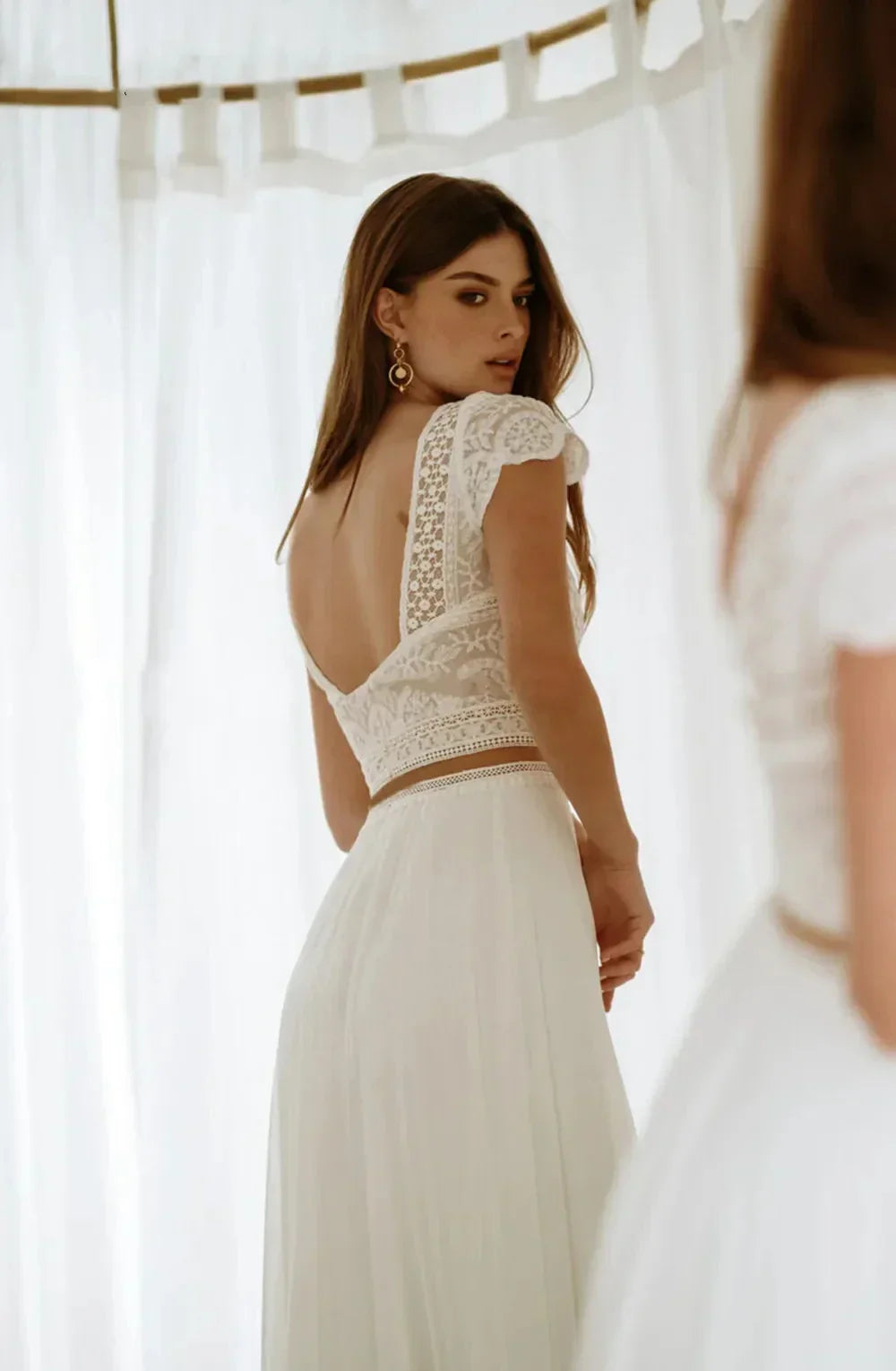 Cap sleeves chiffon boho 2 pieces scoop beach lace charming wedding dress zipper side view