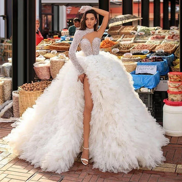 Sexy Side High Slit Bridal Dress Sparkly Sequins Beads Wedding Gown Luxury Pleat Ball Gown Long Bride Robe Vestido De Novia