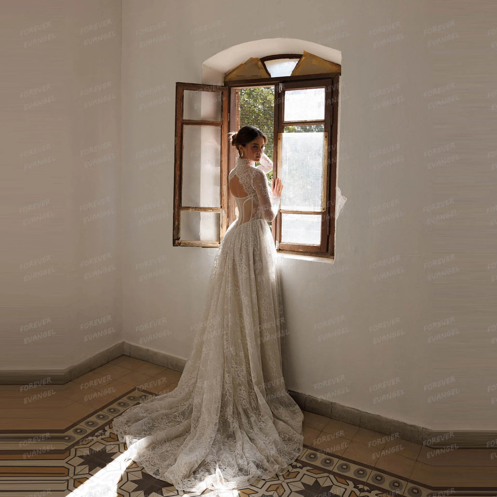 Simple Wedding Dresses A Line Woman's Sexy Lace Shiny Long Sleeve Bride Gowns Formal Appliques Customized Vestidos De Novia