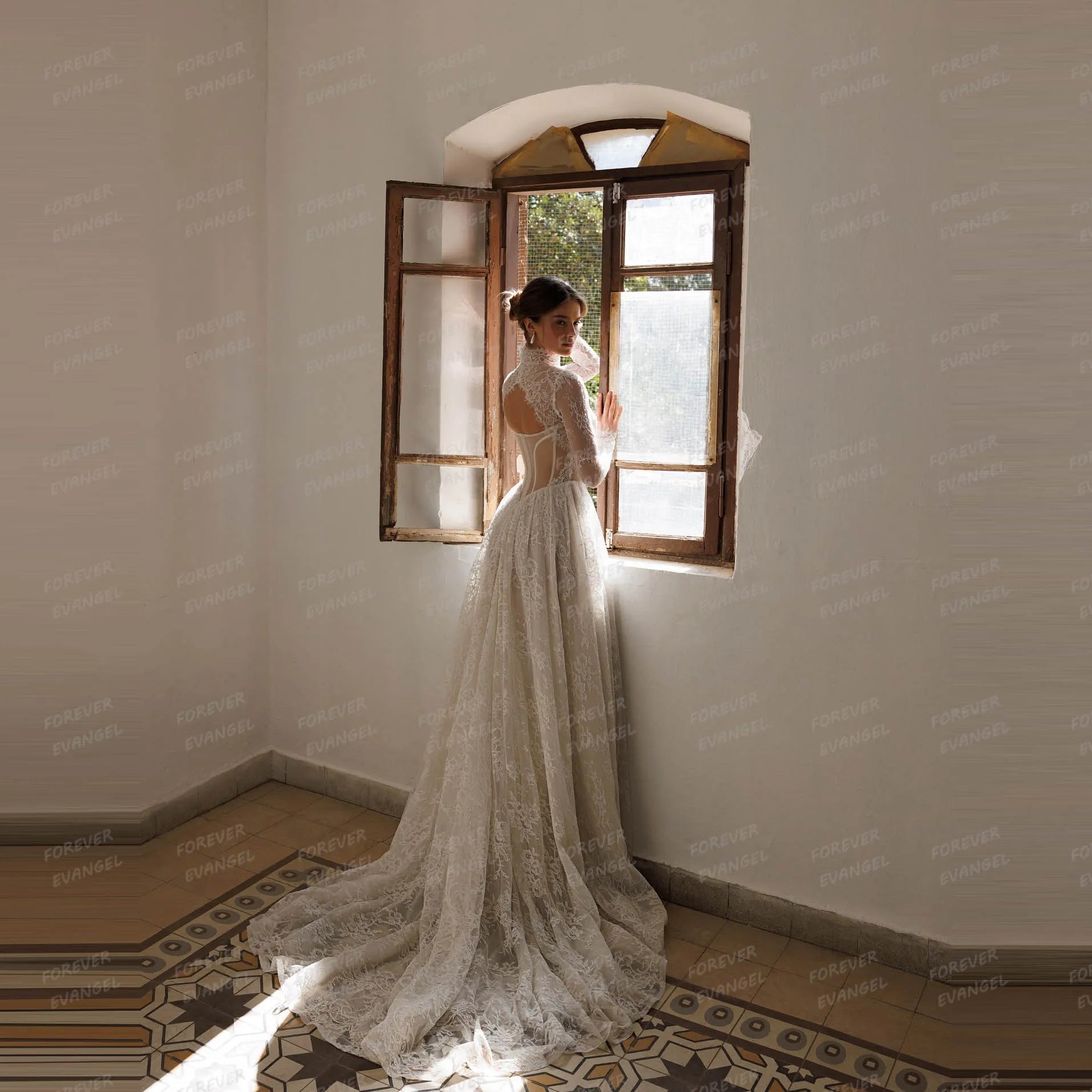 Simple Wedding Dresses A Line Woman's Sexy Lace Shiny Long Sleeve Bride Gowns Formal Appliques Customized Vestidos De Novia