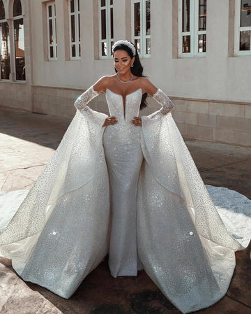 Customized Luxury Pearls Wedding Dresses With Detachable Train Lace Appliques Bridal Gowns Sequins Off Shoulder Vestido de novia