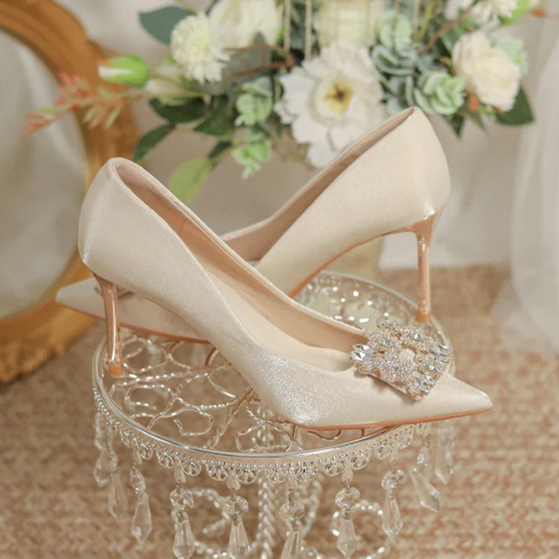 Women's Crystal Square Buckle High Heels Pumps Elegant Silk Thin Heeled Wedding Shoes Woman Slip On Pointed Toe Dress Shoes
