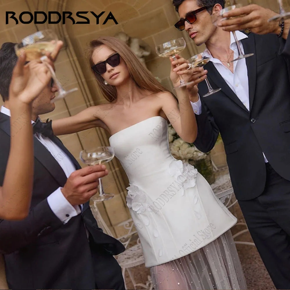 RODDRSYA Mini Strapless Dress For Bride With Flowers Sleeveless Backless Wedding Party Gowns Beading Mermaid vestidos Customized