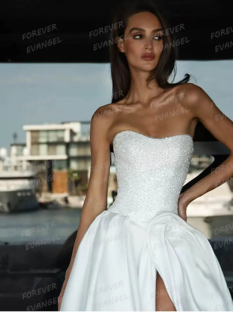 Luxury Wedding Dresses Woman A Line Sexy Shiny Side Split Bride Gowns Sleeveless Sequined Formal Customized Vestidos De Novia