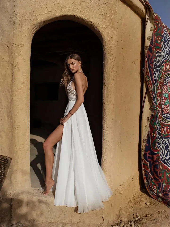 Boho sexy backless halter neck split A-line beach bridal party gown front view