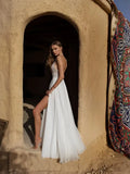 Halter neck sexy backless boho A-line split beach bridal party gown side view