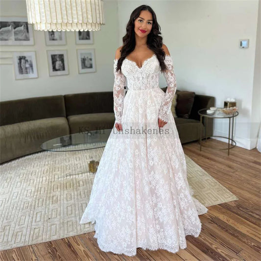 Vintage Boho Long Sleeve Wedding Dresses Lace Sweetheart Sweep Train Korean Bride Dress 2024 Women Bohemian Wedding Gowns