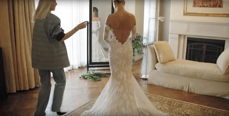 Long sleeve full lace beach off-shoulder mermaid backless bridal gown detail
