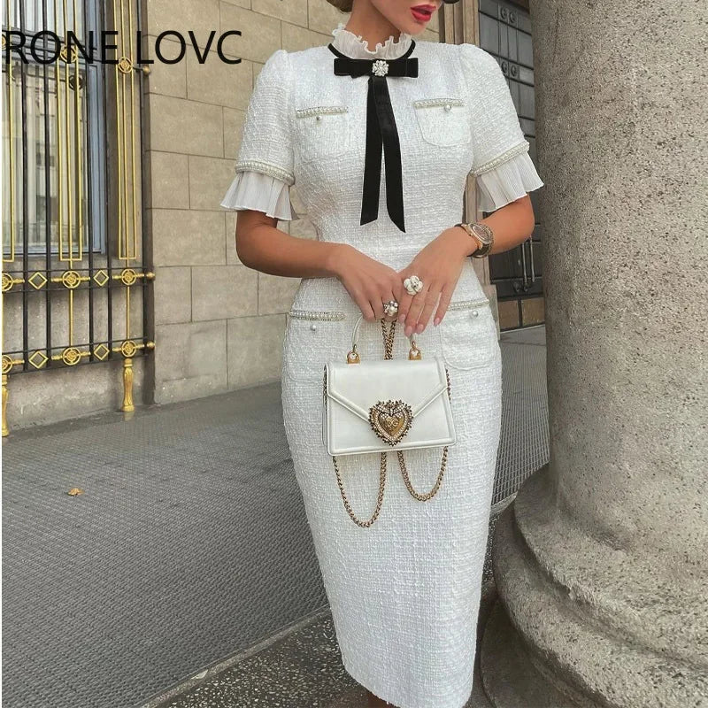 Women elegant round neck short sleeves bow ruffle beaded formal white dress