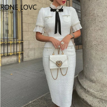 Women elegant round neck short sleeves bow ruffle beaded formal white dress
