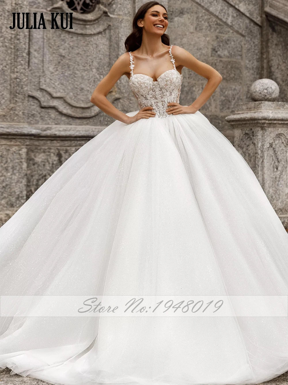 Julia Kui NEW ARRIVAL Sweetheart Neck A Line Wedding Dresses Sparkle Skirt With Spaghetti Strap