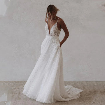 Elegant V-neck Full Lace Tulle Boho Beach A Line Wedding Dresses Custom Made Bridal Grown 2023 Rode De Morrie