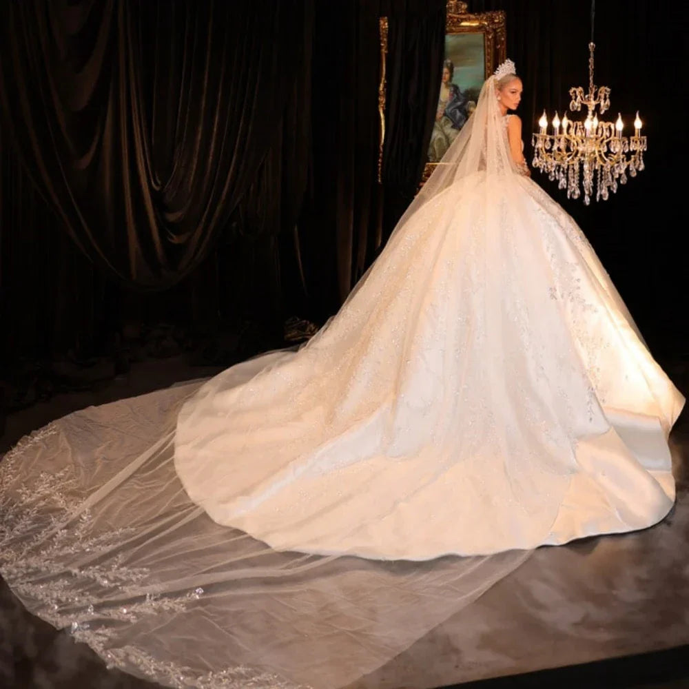 Modest O-neck long sleeve sparkly sequins luxury satin ball gown long bride wedding dress