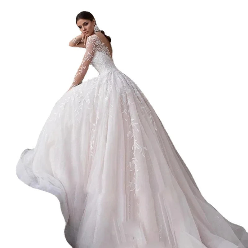 New Modern Wedding Dress 2026 V-Neck Long Sleeves Illusion Lace Applique Tulle Bride Bridal Gowns Robe De Mariage