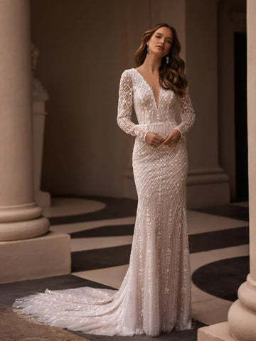 Sexy Deep V-neck Wedding Dress Sparkly Sequins Beads Bride Robe Elegant Appliques Mermaid Long Bridal Gown Robe De Mariée
