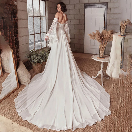 Sweetheart Strapless Mermaid Wedding Dress Removable Long Bell Sleeves A Line Chiffon Customized Zipper Bridal Gowns Tassels