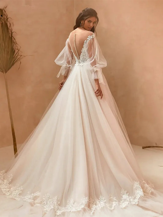 Elegant Ball Gown Wedding Dresses Puff Sleeves Sweetheart Appliques Buttons Sof For Women Custom Made Civil Robe De Mariee