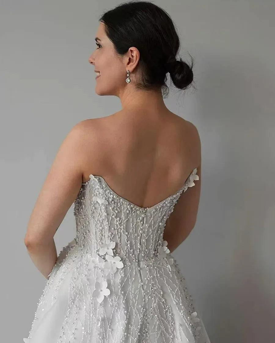 Sleeveless Beading Applique Pearls Square Collar 3d Flowers Floor Length Gowns Robe De Mariee Wedding Dresses Customize