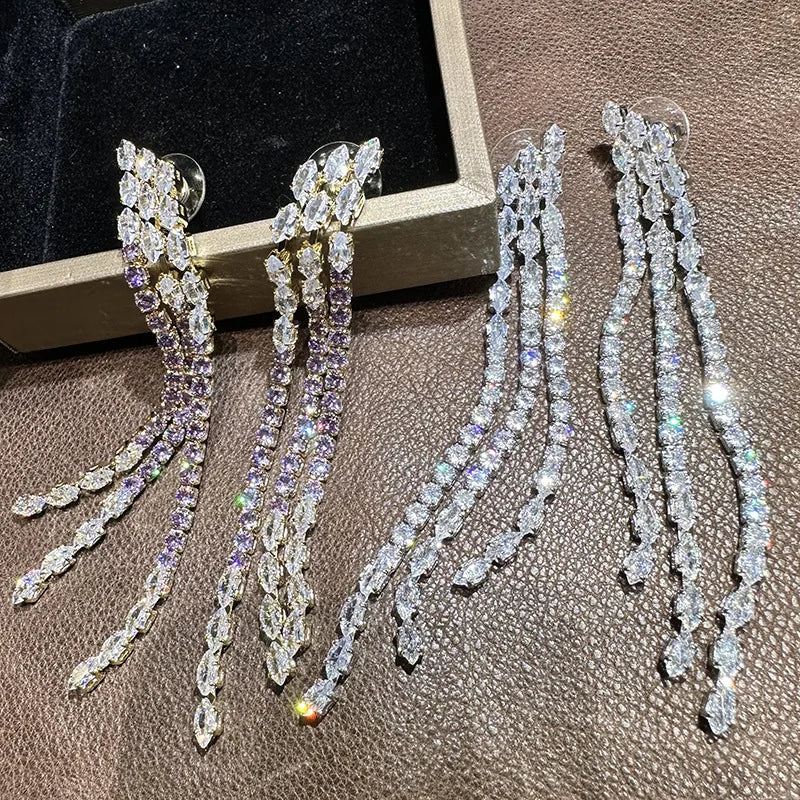 Luxury Long AAA Zircon Bridal Earrings CZ Cubic - close-up