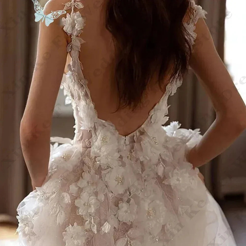 Romantic high split sweetheart off-shoulder fluffy princess lace applique sleeveless mopping wedding dress back view