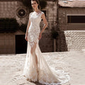 Elegant 2 in 1 Wedding Dress Detachable Train Luxury Lace Appliques Bridal Gown Tulle Button A-Line Mermaid Vestido De Noiva same as picture Floor Length
