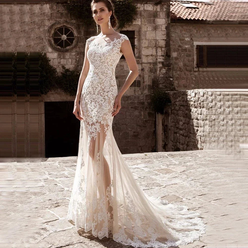 Elegant 2 in 1 Wedding Dress Detachable Train Luxury Lace Appliques Bridal Gown Tulle Button A-Line Mermaid Vestido De Noiva same as picture Floor Length