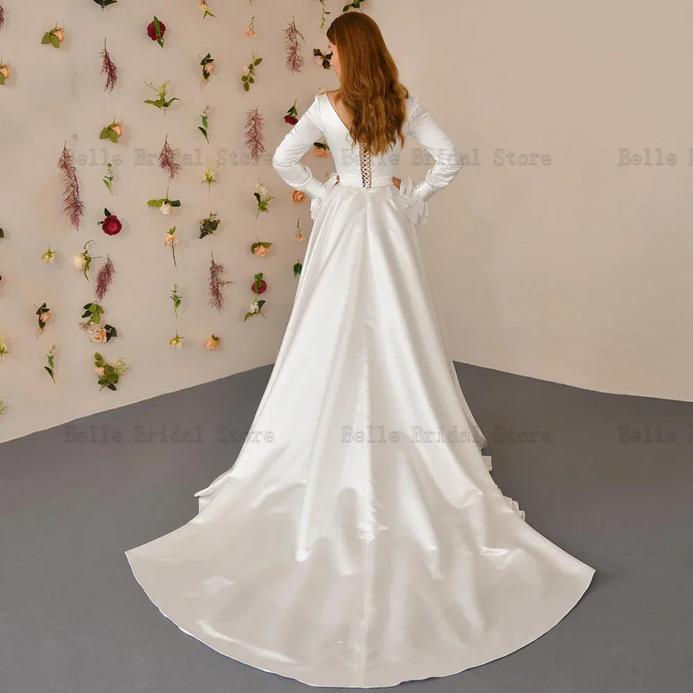 Princess Wedding Dresses V Neck Long Sleeves Bridal Gowns Pleat Back Lace Up Sweep Train A-Line Satin Vestidos De Novia