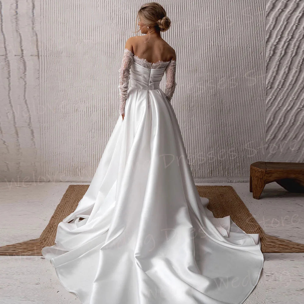 Elegant Satin A Line Women's Wedding Dresses Long Sleeved Vestidos Para Mujer Lace Backless Customized Bride Gowns Side Split
