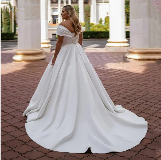 Customized Satin Wedding Dress V-Neck Off the Shoulder Short Sleeves Plus Size Bride Gowns Classic A-Line Vestidos De Novia