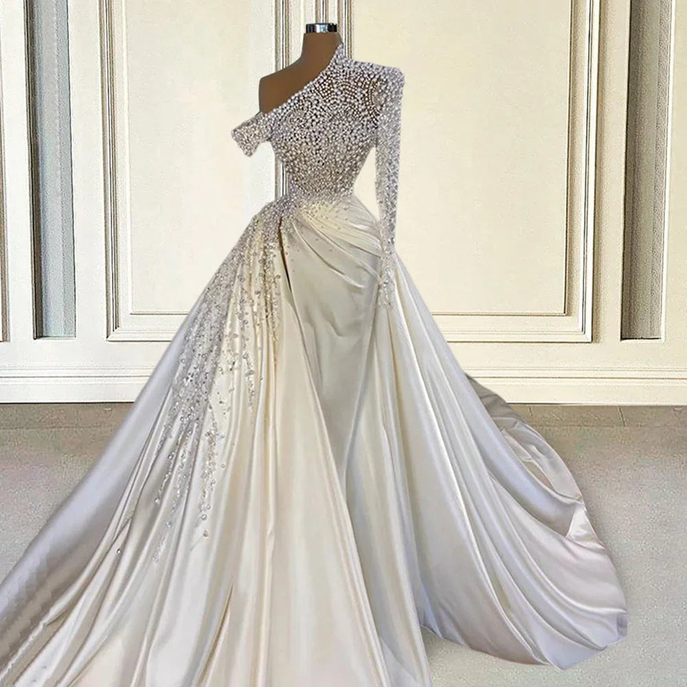Luxury pearls satin mermaid beads long sleeves detachable train Dubai wedding dress bridal gown