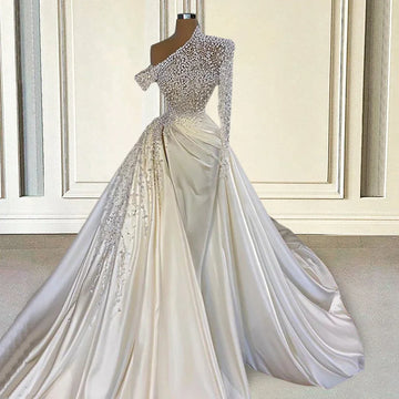 Luxury pearls satin mermaid beads long sleeves detachable train Dubai wedding dress bridal gown