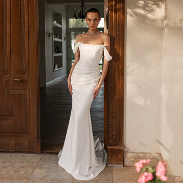 Civil Mermaid Wedding Dress Women Simple Off The Shoulder Floor Length Pleated Brides Wedding Gown Bridal Dress Customized