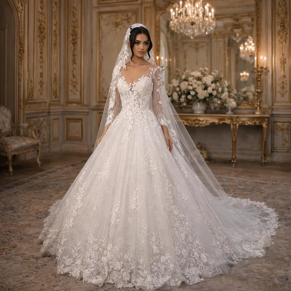 Elegant lace scoop neck full sleeve A-line wedding dress applique bridal gown