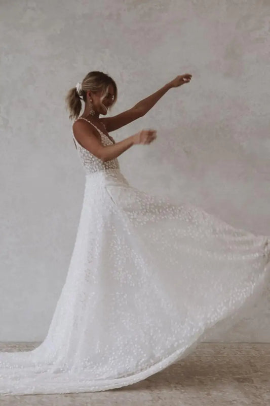 Elegant V-neck Full Lace Tulle Boho Beach A Line Wedding Dresses Custom Made Bridal Grown Rode De Morrie