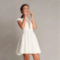 New short A-line wedding dress scoop neck cap sleeve sexy backless floral lace satin bridal party gown
