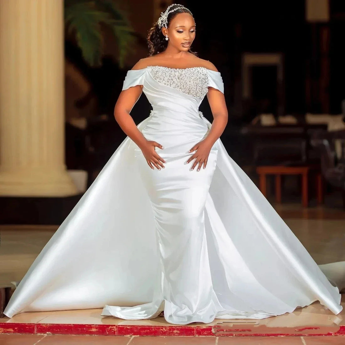 Elegant mermaid wedding dress 2026 detachable train off-the-shoulder beadings pearls sleeveless satin African bridal gown