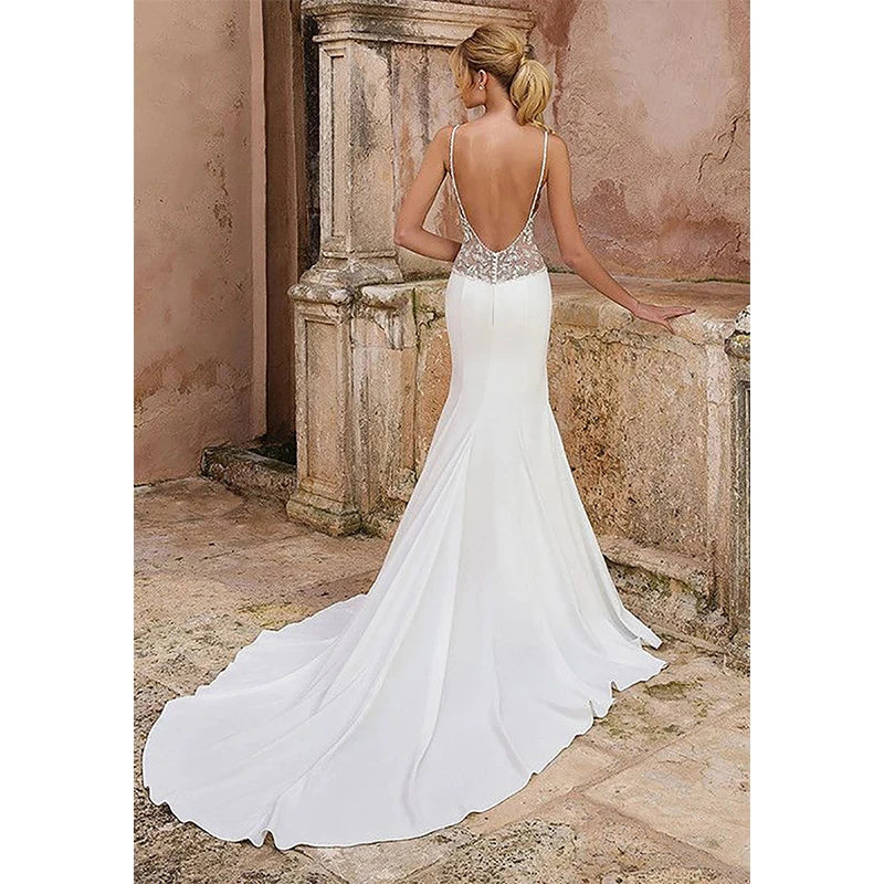 Lace V-neck mermaid simple backless spaghetti strap bridal gown back view