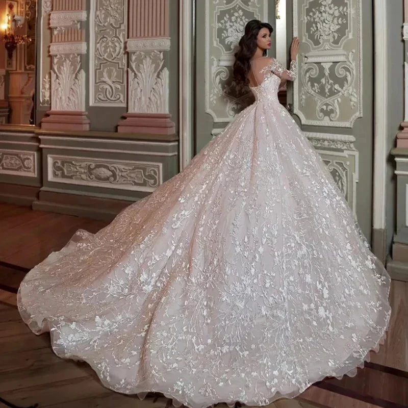 Luxury white lace applique illusion crystal beads elegant high-end women's wedding dress bridal gown