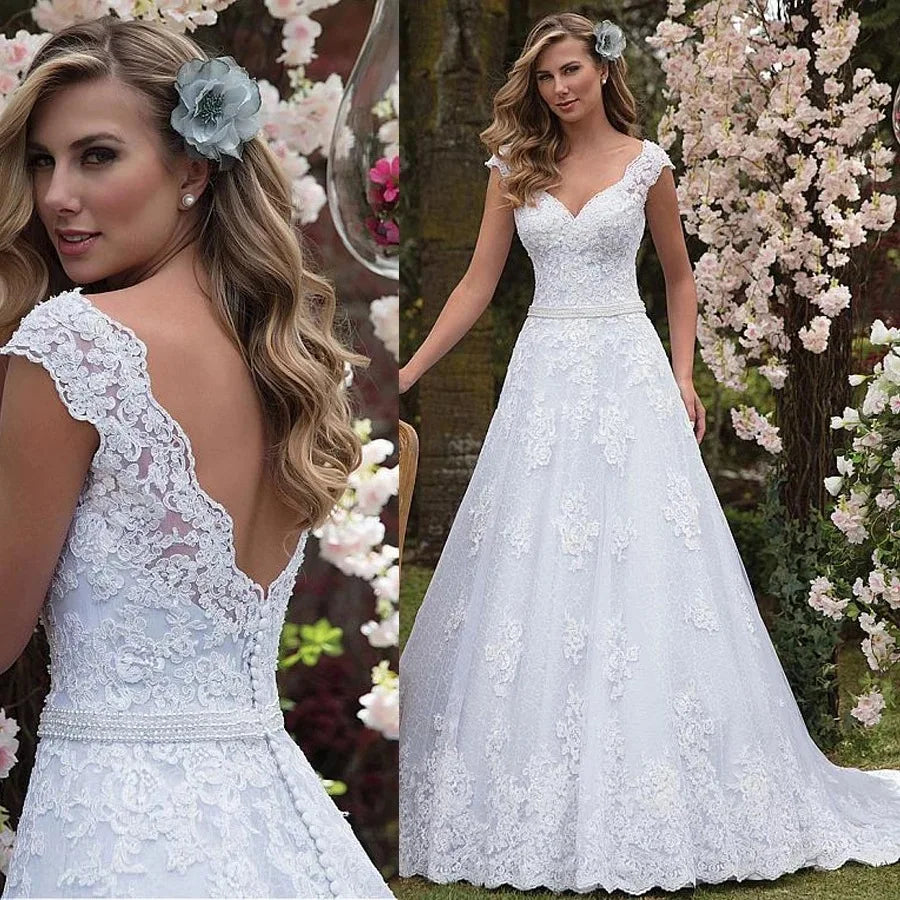 Elegant A-line wedding dress 2026 V-neck cap sleeves pearls sash lace applique tulle bridal gown