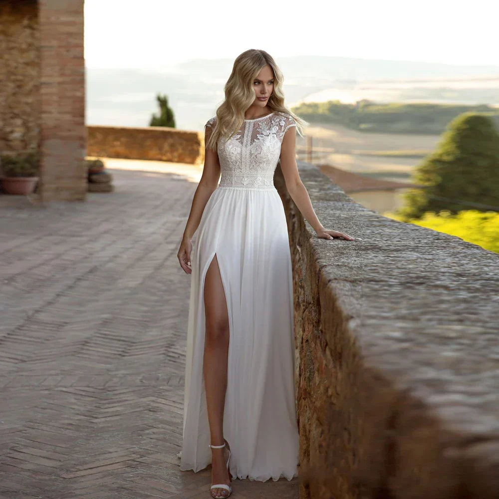 Elegant White Chiffon Wedding Dresses O Neck Cap Sleeves Lace Bridal Growns High Slit Floor-Length A-line Vestidos De Novia