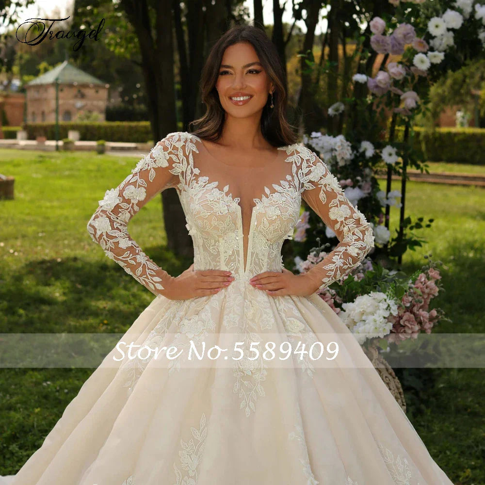 Long sleeve scalloped embroidery elegant princess ball gown appliques wedding dress back view