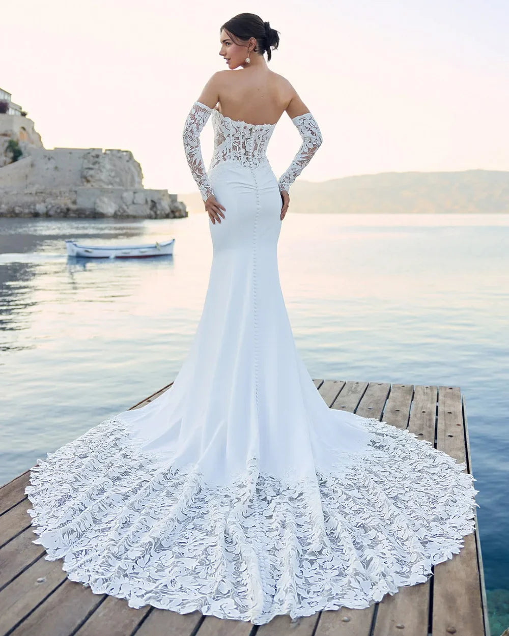 Luxury Mermaid Wedding Dresses Lace Long Sleeve Bride Dress Strapless Vestido de novia Pleated Women Bridal Dress Customized
