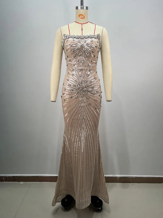 Women Celebrity Sexy Strapless Sequins Diamonds Crystal Beading Maxi Long Gowns Dress Elegant Evening Party Club Vestido