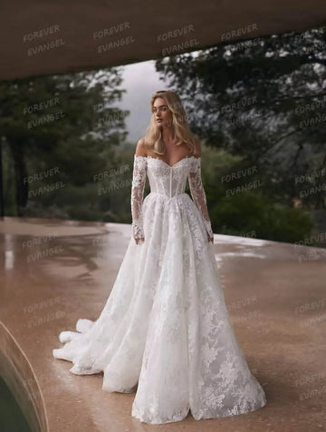 Simple Off Shoulder Wedding Dresses Woman's Bride Gowns Long Sleeve Lace Appliques Customized Vestidos De Novia Party Gala