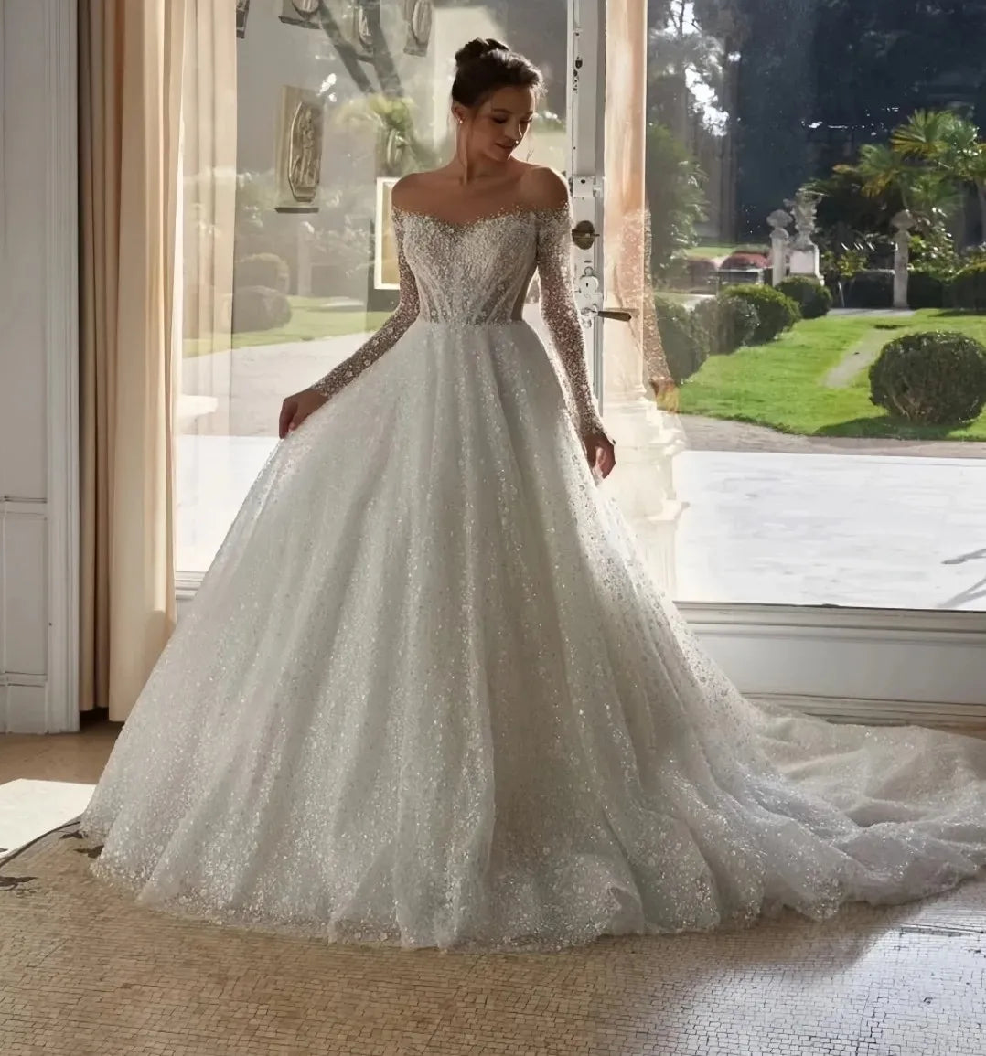 2026 Beads Sequined Wedding Dress Sheer Neck Long Sleeves Pearls A-line Bridal Gown Fashion Robe De Mariage for Bride