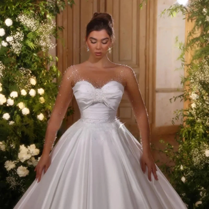 Exquisite beading satin ball gown wedding dress long sleeve illusion back bridal gown