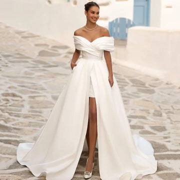 Two Pieces Wedding Dresses Off Shoulder Satin Detachable Skirt Bride Dress 2024 Short Lace Wedding Gowns 2 in 1 Pockets New