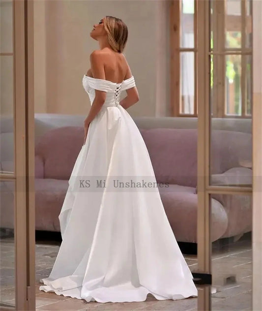 Sexy Two Pieces Wedding Dresses Detachable Train Bride Dress 2025 Satin off Shoulder Overskirt High Split Wedding Gowns Lace Up