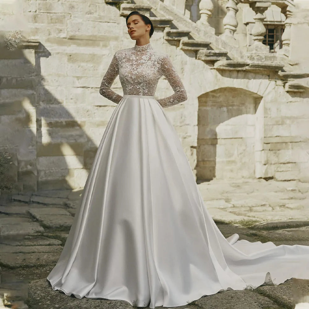 Elegant High Neck Full Sleeves Lace Applique Satin A Line Wedding Dress Sweep Train Custom Made 2024 Vestido De Noival