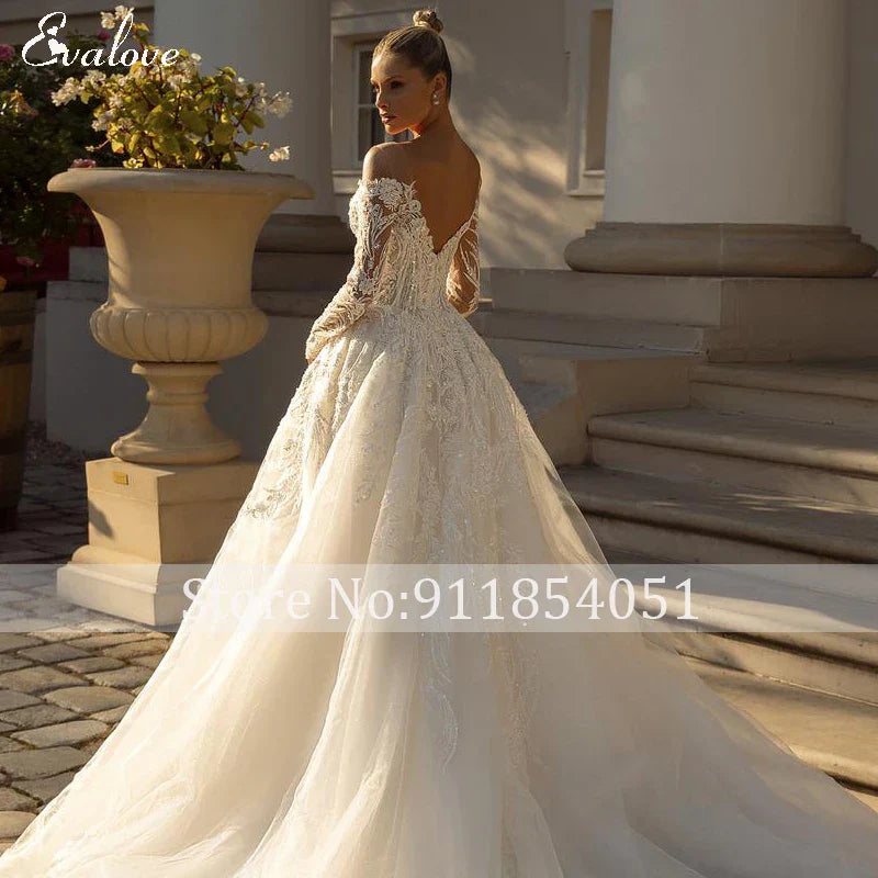 Vestido De Noiva Luxury Beading Appliques A-Line Wedding Dress Classic Scoop Neck Zipper Long Sleeve Princess Bridal Gown